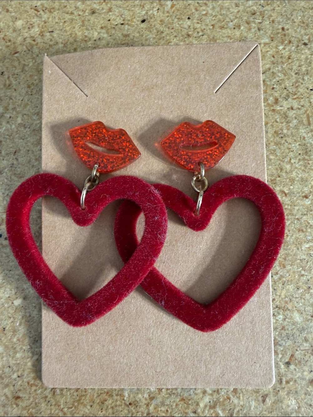 Red Heart Drop Earrings with Orange Lip Studs - Women Jewelry